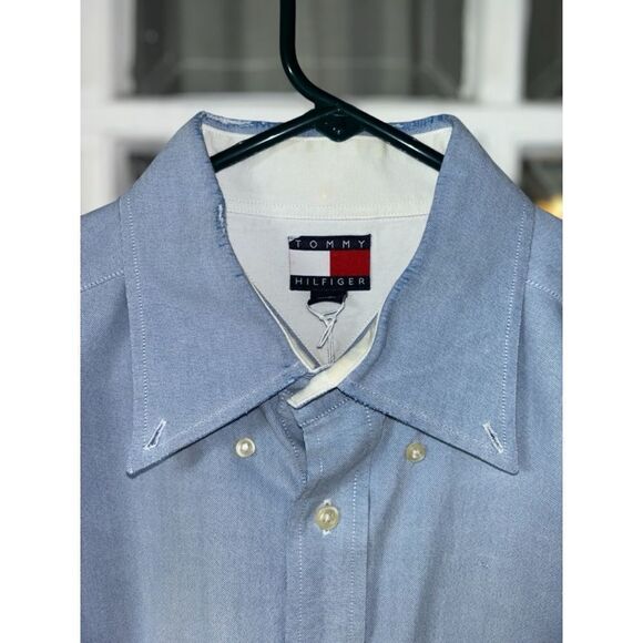 Tommy Hilfiger Men’s Large Pale Blue Button Down Poplin Long Sleeved Shirt •Flaw - Picture 7 of 14